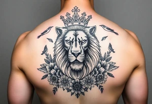 powerful majestic lion with a crown, surrounded by floral ornaments and birds tattoo idea
