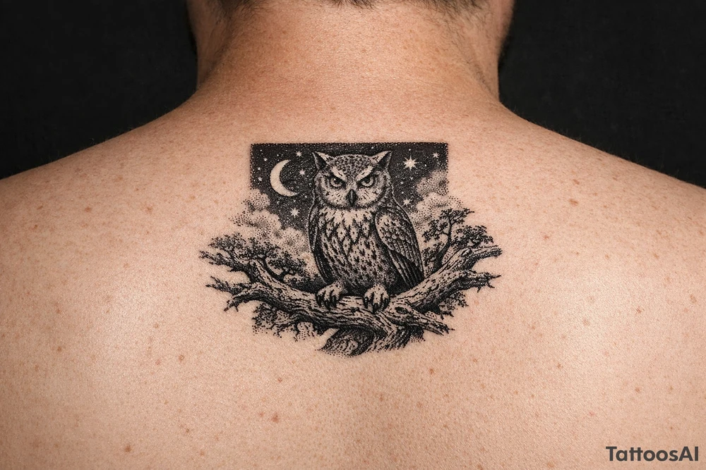wise owl perched on ancient oak branch under starlit sky tattoo idea