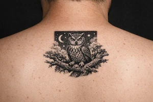 wise owl perched on ancient oak branch under starlit sky tattoo idea