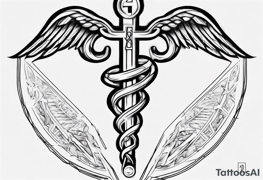 fine line caduceus with "T1D" at the top tattoo idea