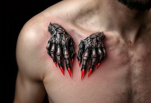 A pair of Xenomorph hands reaching forward, with biomechanical texture, glowing neon red nails, and black shadowed fingers. tattoo idea