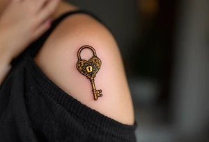 One has a vintage golden key with intricate filigree, and the other a heart-shaped lock in black and gray, matching on wrists or forearms. tattoo idea