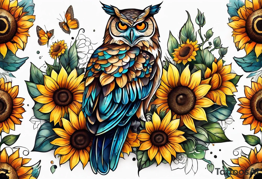 Leg sleeve with colorful sunflowers and an owl tattoo idea
