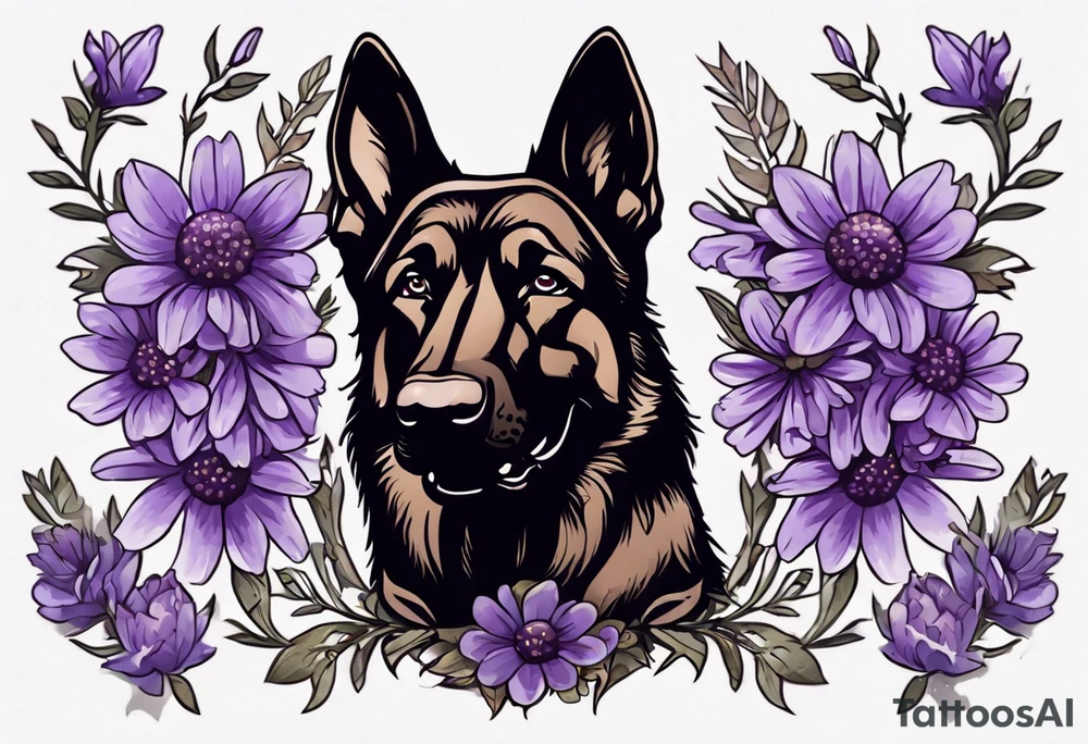 Dark Brown German shepherd portrait surrounded by purple daisies tattoo idea
