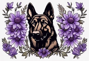 Dark Brown German shepherd portrait surrounded by purple daisies tattoo idea