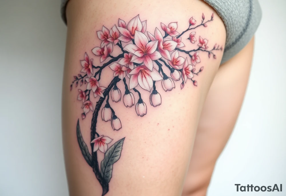 White lily in the valley bells underneath a cherry blossom tree that's blooming tattoo idea
