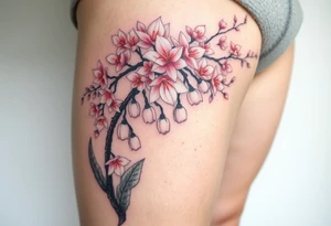 White lily in the valley bells underneath a cherry blossom tree that's blooming tattoo idea