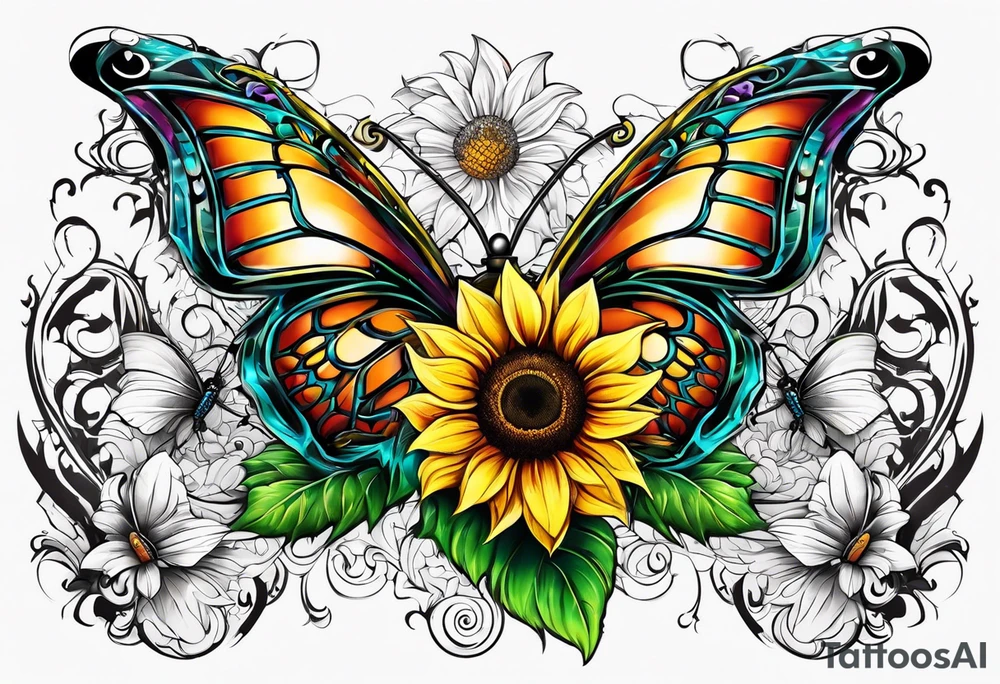 Winged cross with sunflower and butterflies tattoo idea