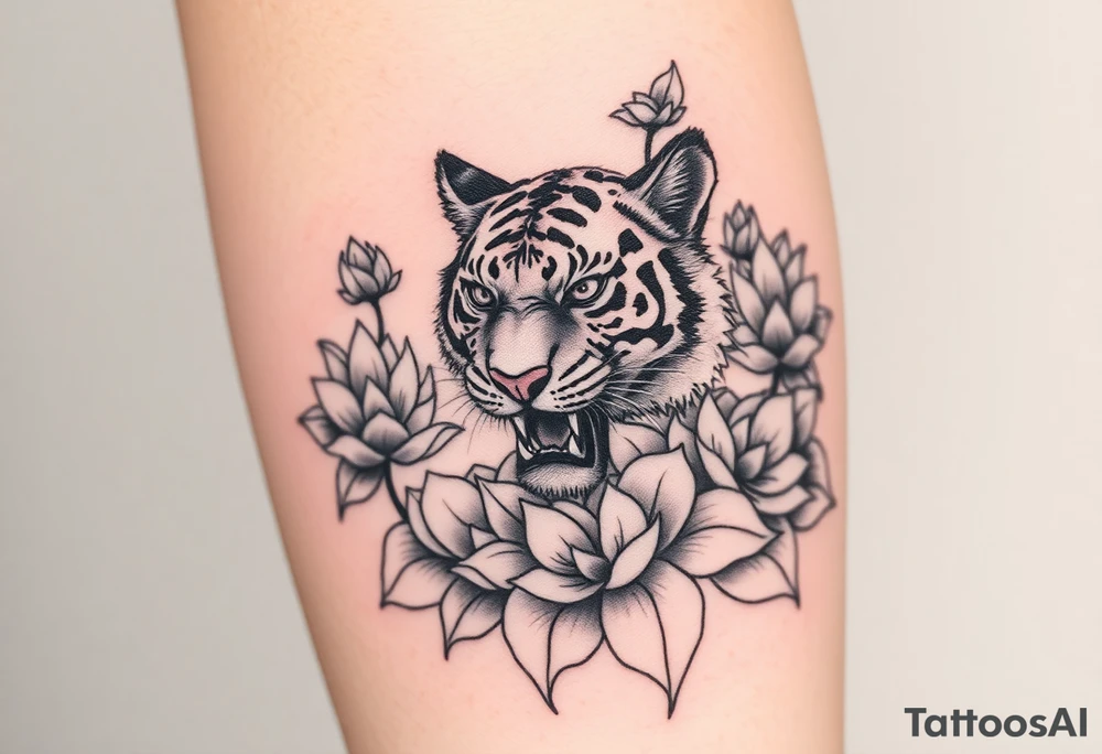 fierce tiger emerging through blooming lotus flowers in mist tattoo idea