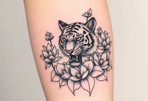 fierce tiger emerging through blooming lotus flowers in mist tattoo idea