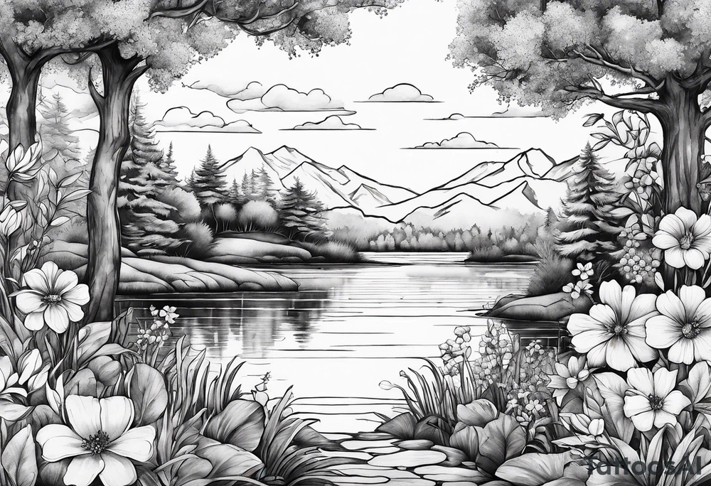 Secret, hidden garden, flowers, lake tattoo idea