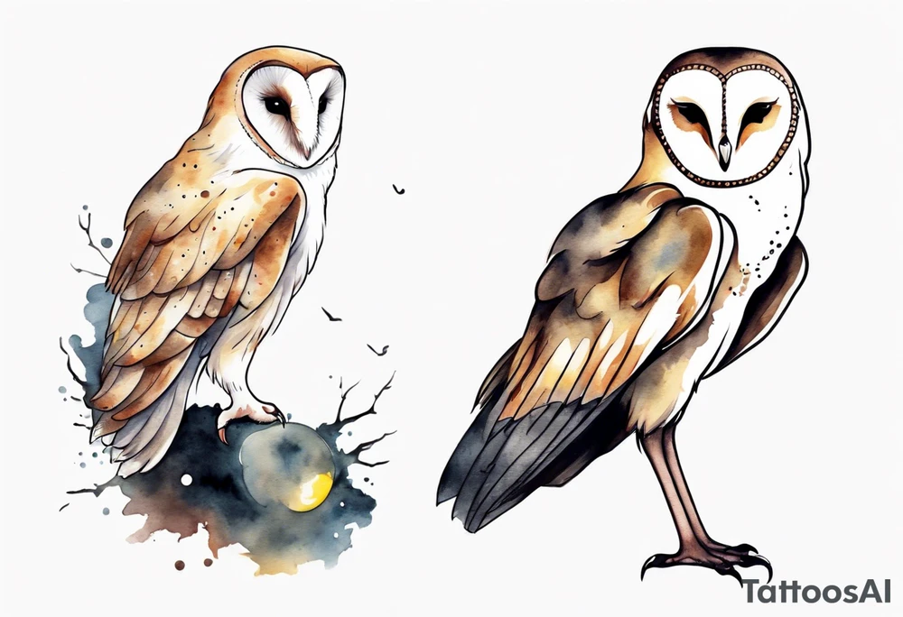 a barn owl with the legs of a stork walking at night tattoo idea