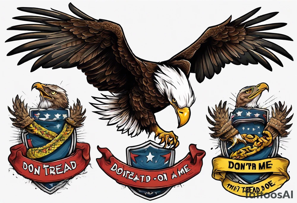 American traditional Bald Eagle carrying a snake in its talons, with a banner reading “don't tread on me” tattoo idea