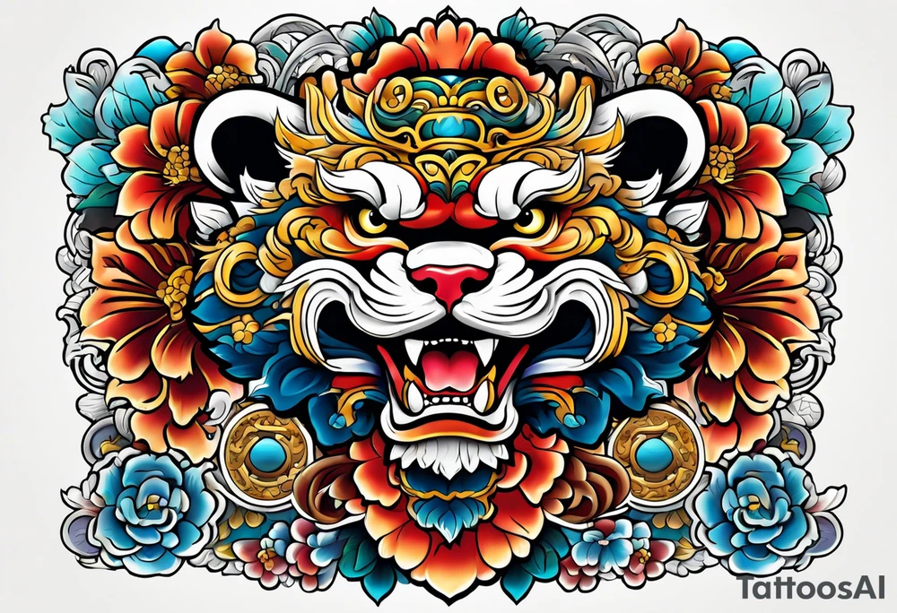 Okinawa style twin shisa dogs, chest/pecs, Yakuza style tattoo idea