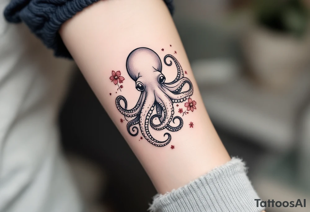 A small realistic black and grey tattoo of an octopus, cute, with detailed shading and soft linework, showing the octopus with swirling tentacles, on light skin. ornamental flowers around with red ink. The style is minimalistic and elegant, resembling fine-line tattoo with a shadow tattoo idea