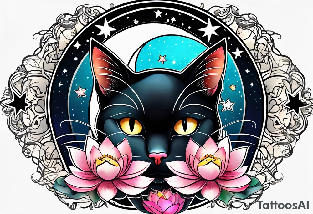 Photo realistic black cat head with moon and stars and lotus flower tattoo idea
