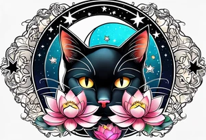 Photo realistic black cat head with moon and stars and lotus flower tattoo idea