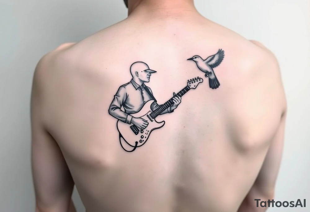 Surrealist tattoo of a Person playing electric guitar with top half of head not showing off and a bird flying out of head tattoo idea