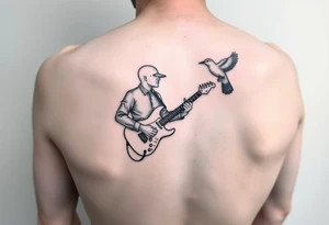 Surrealist tattoo of a Person playing electric guitar with top half of head not showing off and a bird flying out of head tattoo idea