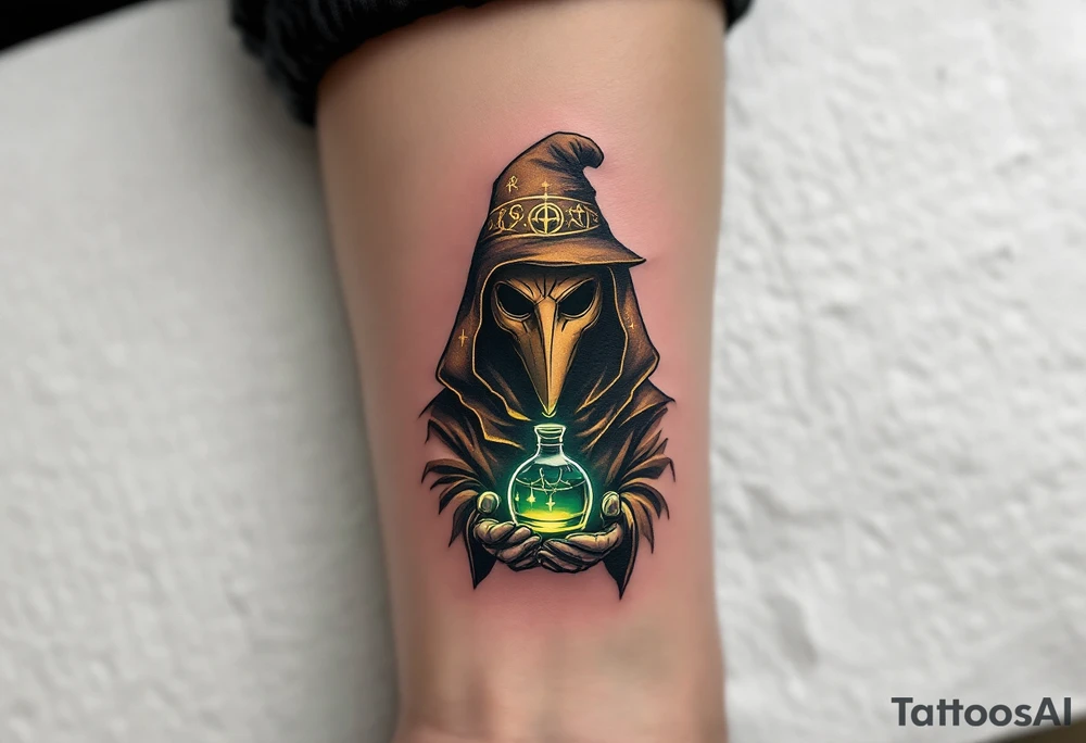 Alchemist Plague Doctor – A mystic plague doctor with tipical mask holding a potion bottle with a glowing deep green elixir inside. The mask is dark tan, with golden etchings resembling ancient alchemy symbols. tattoo idea