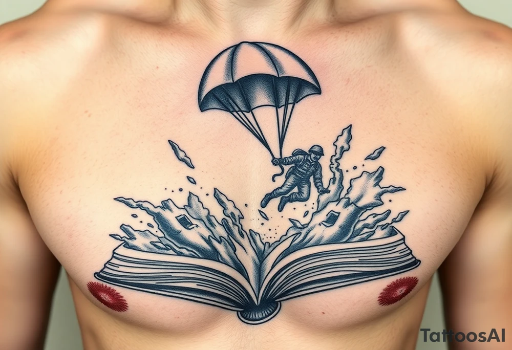A parachuting soldier falling into an open book. Chaos surrounding, but the book is protecting the soldier from it. On the chest. Make the tattoo smaller. Make it thought provoking. Make the chaos in the environment be an eerie mist. Make the pages in the book be blank. Just one soldier, no other characters. the book is old. tattoo idea
