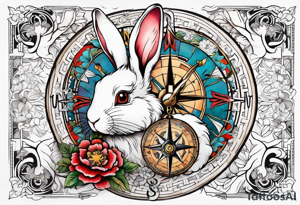 Compass wonderland  white rabbit tattoo idea