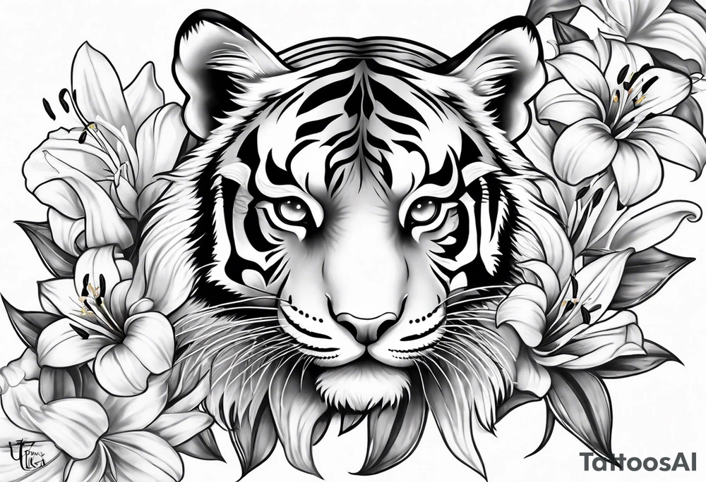 cute tiger with lily flowers tattoo idea