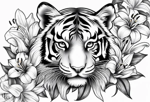 cute tiger with lily flowers tattoo idea