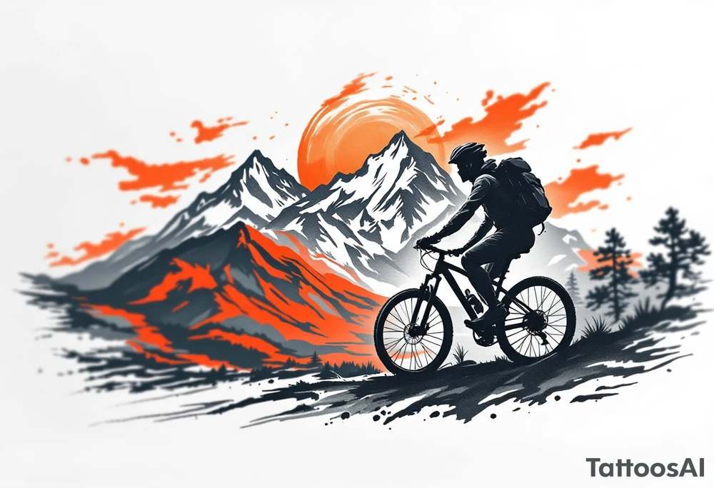 A silhouette of a bicycle rider in front of a mountain landscape, with warm oranges and reds in the sky, symbolizing exploration and adventure. tattoo idea