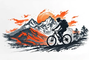 A silhouette of a bicycle rider in front of a mountain landscape, with warm oranges and reds in the sky, symbolizing exploration and adventure. tattoo idea