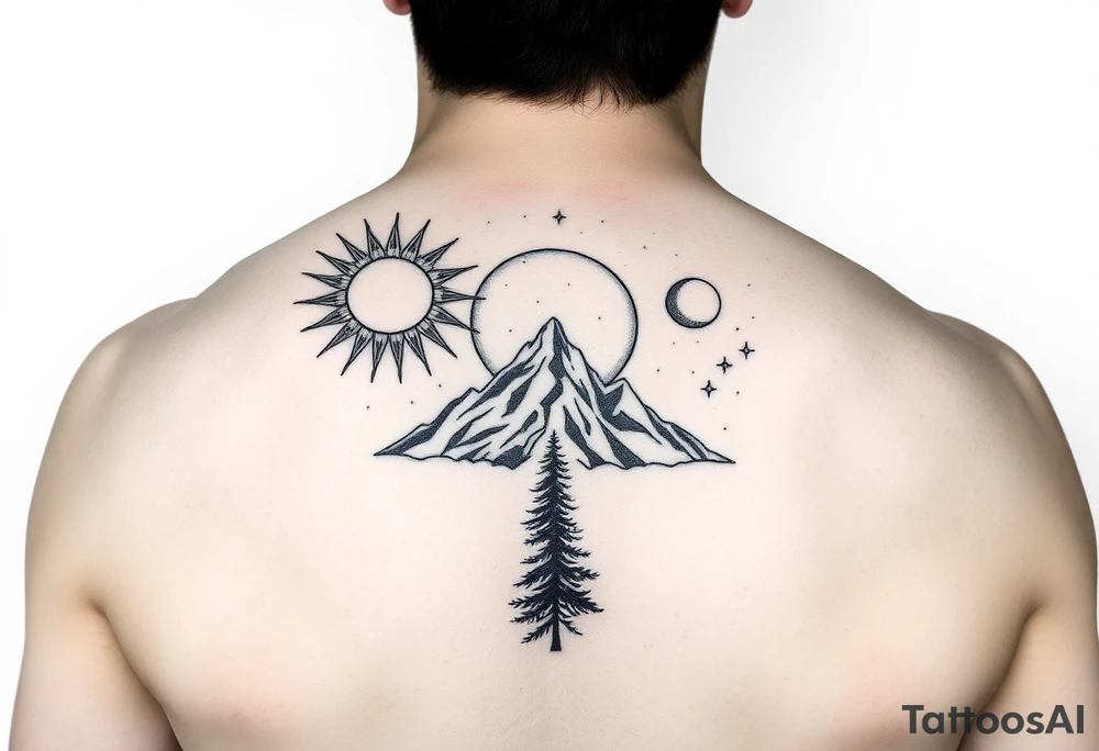 sun, moon, stars, mountain, tree. tattoo idea