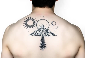 sun, moon, stars, mountain, tree. tattoo idea