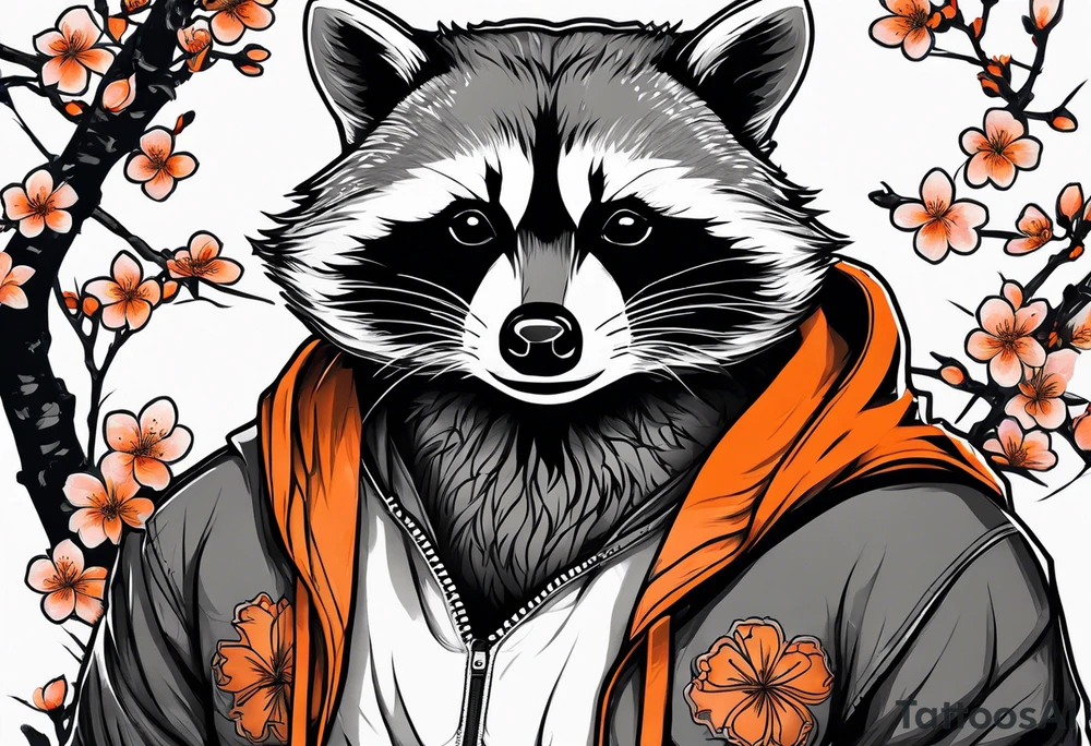 raccoon wearing a black and white Superman hoodie and orange Japanese cherry blossoms tattoo idea