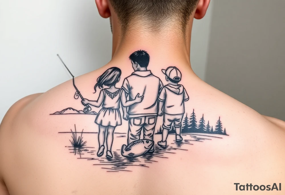 Dad fishing with 3 kids 
1Daughter and 2 sons
With lake and landscape tattoo idea