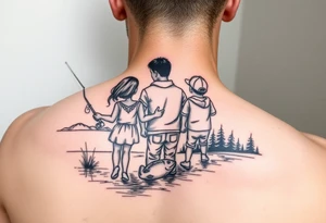 Dad fishing with 3 kids 
1Daughter and 2 sons
With lake and landscape tattoo idea