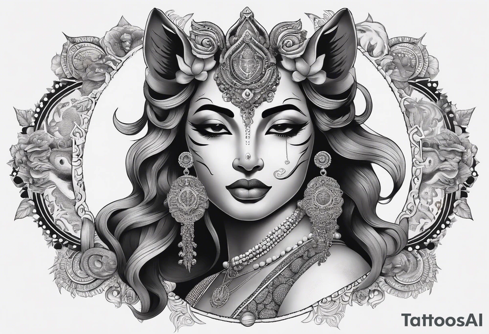 kali, durga goddess, riding a tiger, pirate, pachamama, chest tatoo, lotus, piarte tattoo idea