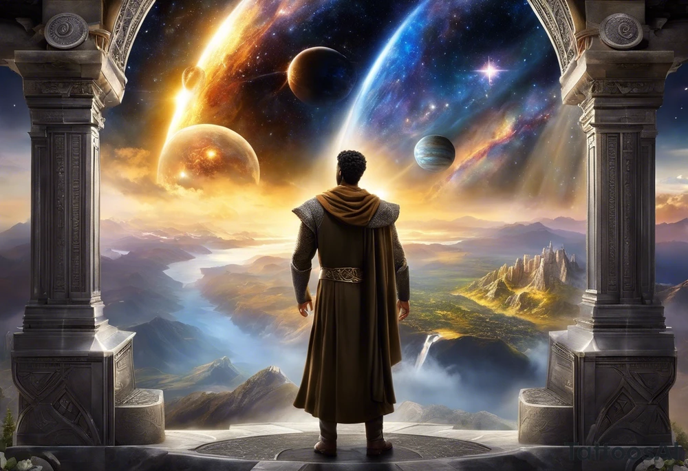 Jehovah looking out at the marvels of his creation from the atoms to the galaxy and celestial beings. With grey wash and a fantasy theme. Jehovah has to be a character who is so majestic, charismatic, immensely powerful. There isnt a single thing he isnt capable of doing. Infinitely powerful forward facing. Without the pagan styled attire and without the pagan symbols etcryera tattoo idea