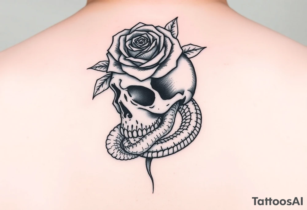 Skull with alligator coiled around it with a Tudor rose above tattoo idea