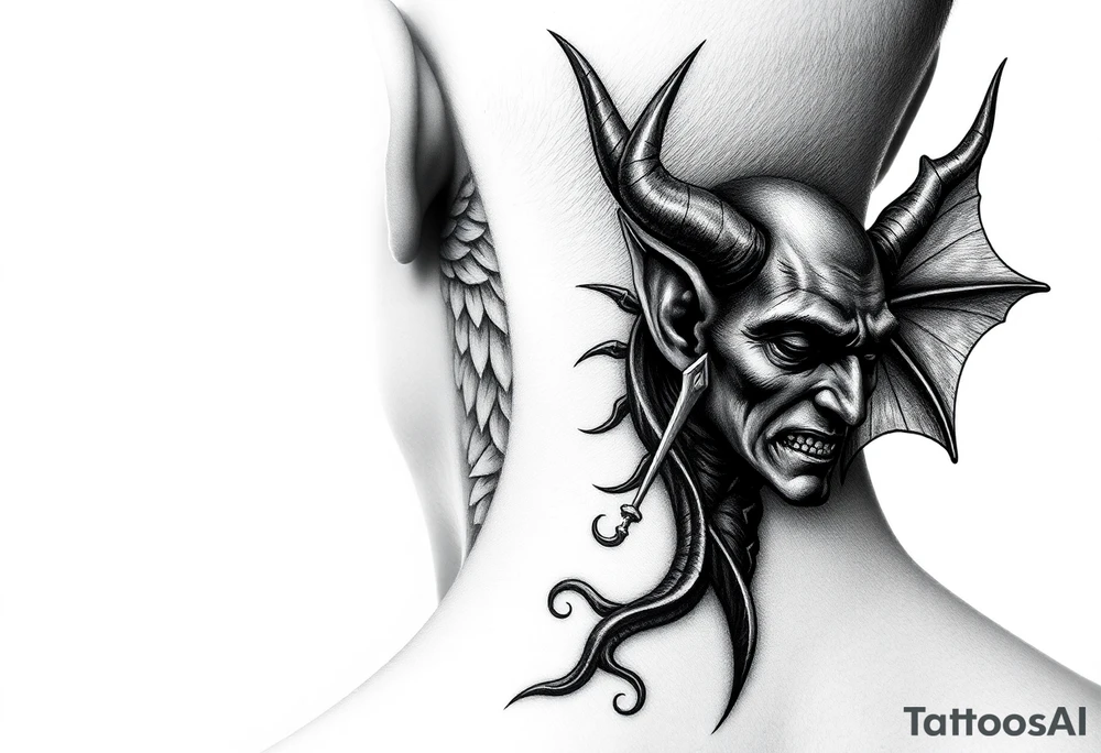 position behind the neck Angel (on the right) whispering in the right ear, demon (on the left) whispering in the left ear. It must be as realistic as possible. tattoo idea