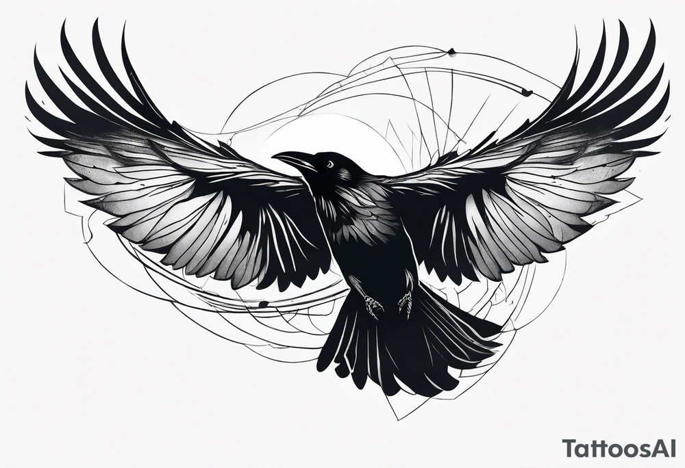 Raven in flight, upsidedown, knowing, light behind its eyes, ethereal tattoo idea