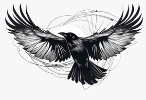 Raven in flight, upsidedown, knowing, light behind its eyes, ethereal tattoo idea