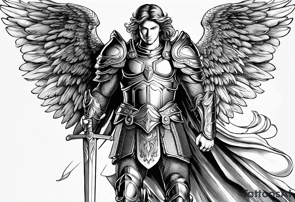 **Tattoo Design: Archangel Michael**

- **Central Theme**: Archangel Michael, majestic and powerful, stands ready with a raised sword, prepared to battle evil.
- **Appearance**: The figure of Archangel Michael depicted in full angelic armor, with majestic wings spread wide.
- **Expression**: His stance conveys strength, courage, and determination in defense of good.
- **Details**: Focus on intricate details such as facial features, armor embellishments, and the raised sword.
- **Background**: May be stylized as celestial, with rays of light or clouds, accentuating the divine presence of Archangel Michael.
- **Placement**: Intended for placement on the chosen body area, with the option to adjust the size according to personal preferences. tattoo idea