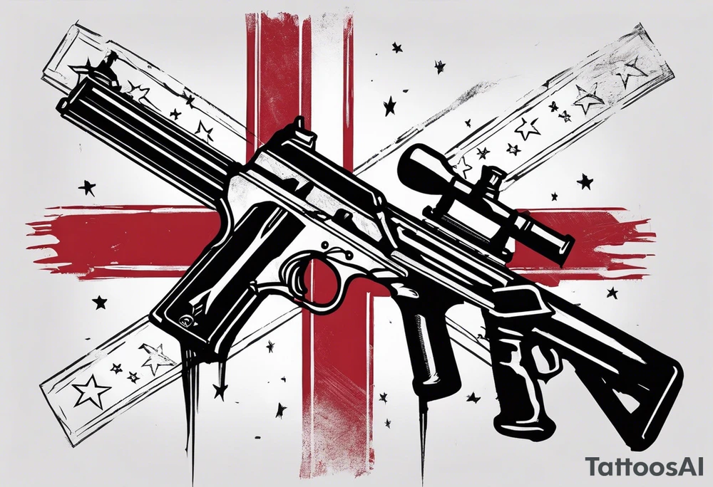 Distressed American flag behind a cross with 2 guns leaned on it simpler tattoo idea