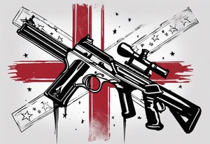 Distressed American flag behind a cross with 2 guns leaned on it simpler tattoo idea