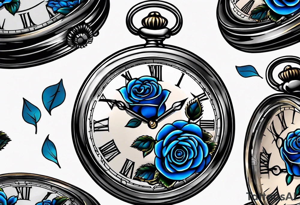 Pocket watch with blue roses tattoo idea
