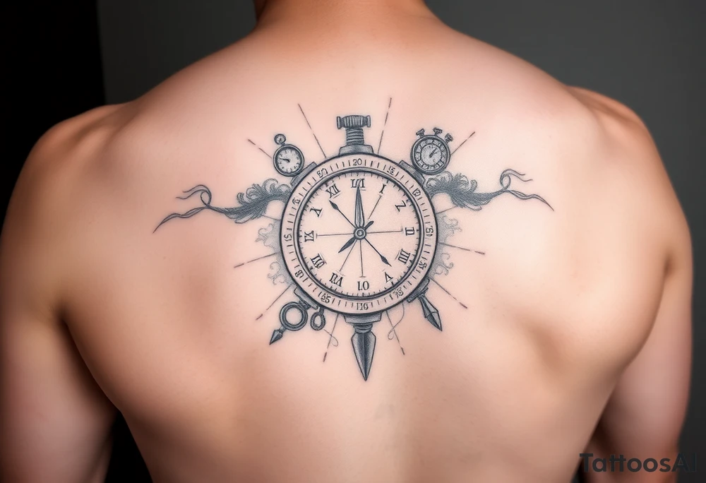 A tattoo with a sundial, stopwatch, analog, and digital clock fore forearm tattoo idea
