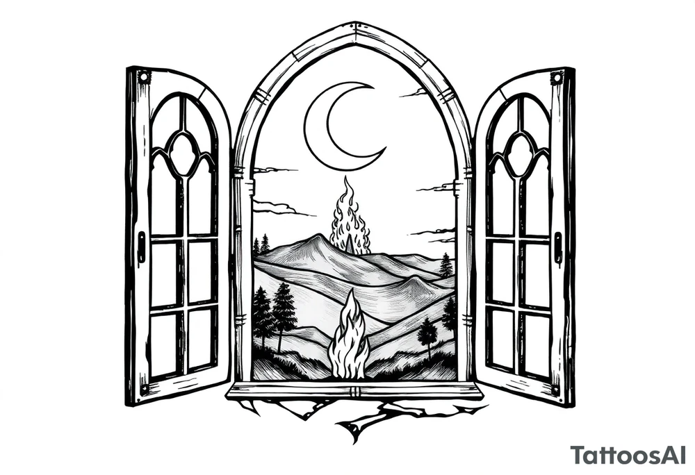 Tall church window with stained glass showcasing crescent moon over a hilly landscape as a fire burns in the distance tattoo idea