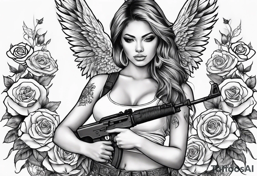 Beautiful angle with wings and tattoos surrounded by roses holding a ak 47 tattoo idea