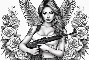 Beautiful angle with wings and tattoos surrounded by roses holding a ak 47 tattoo idea