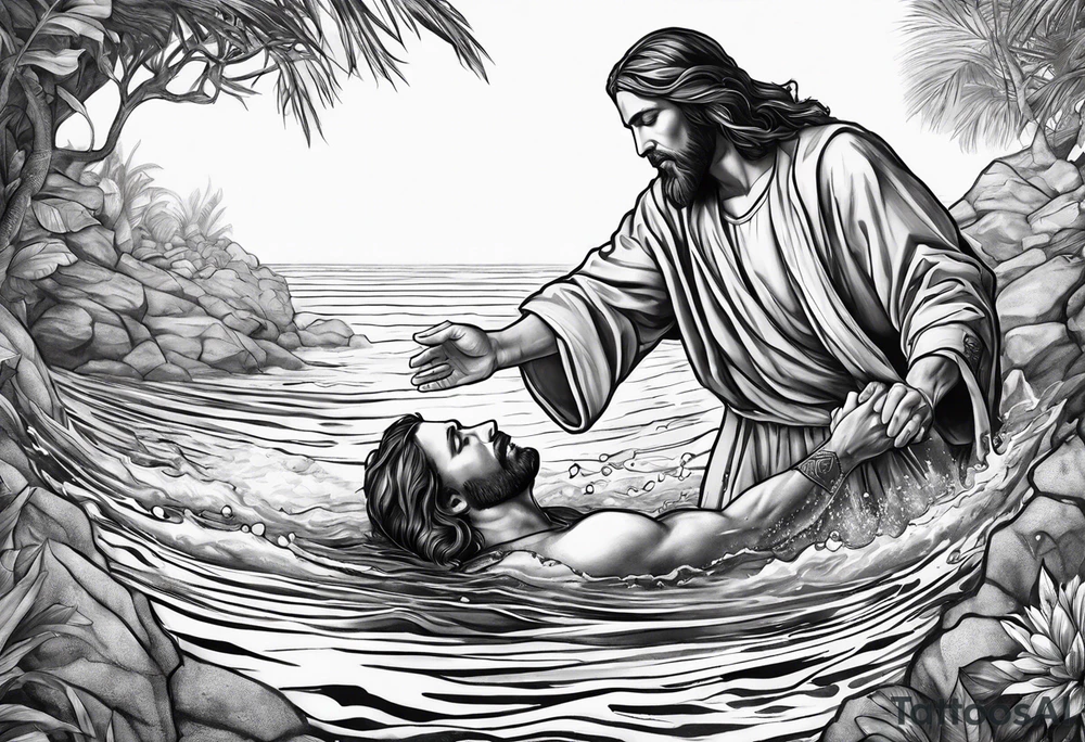 Jesus saving a man from drowning tattoo idea